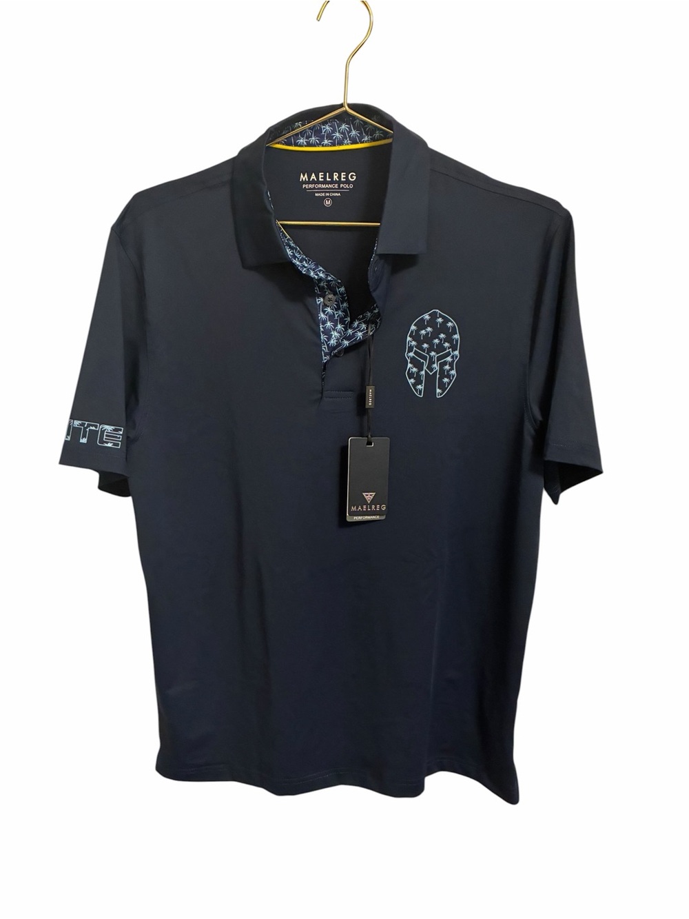 Maelreg Mens Performance Polo Shirt Navy Blue Spartan Graphic Palm Tree Trim M